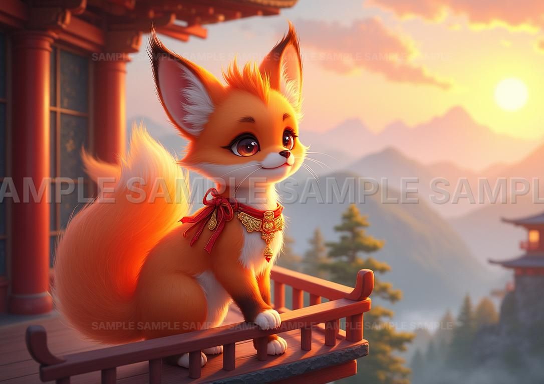 AIアート】【幻想的な狐】和風テイストの可愛いキツネ アート作品 額装
