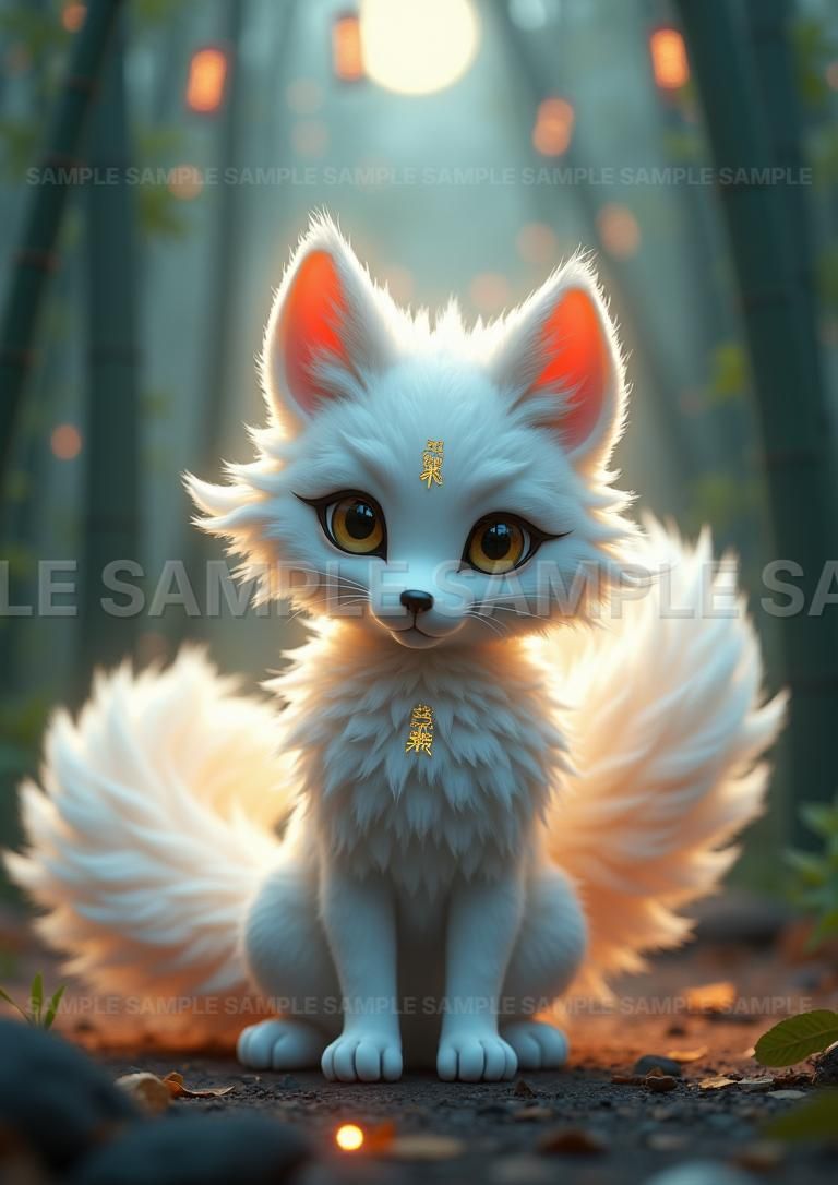 AIアート】【神秘的な白狐】幻想的な森の和風アート 癒やし系 和風