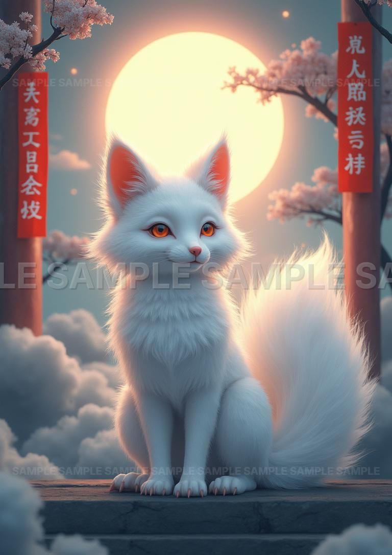 AIアート】【幻想的な雰囲気】白狐 アート ポスター 満月 桜 縁起物