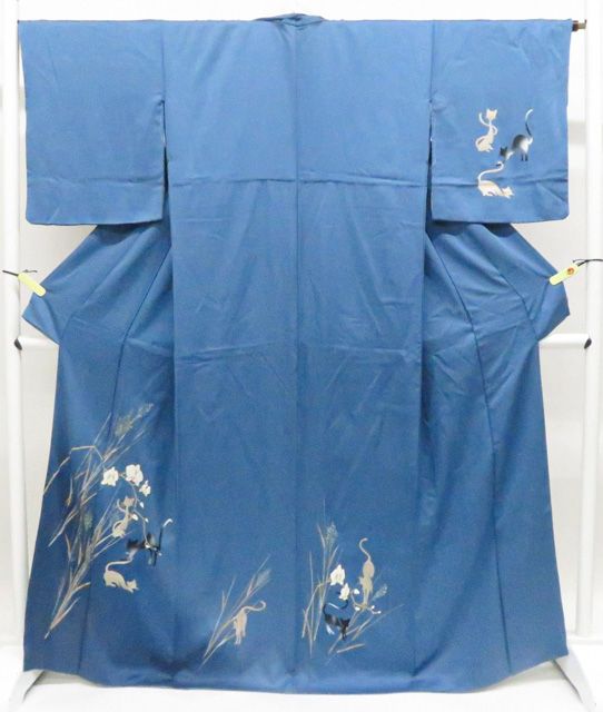 【京松】付下げ オリジナル ネコ 金彩 花 着物 正絹 身丈約166cm 裄丈約66cm r8z06-222
