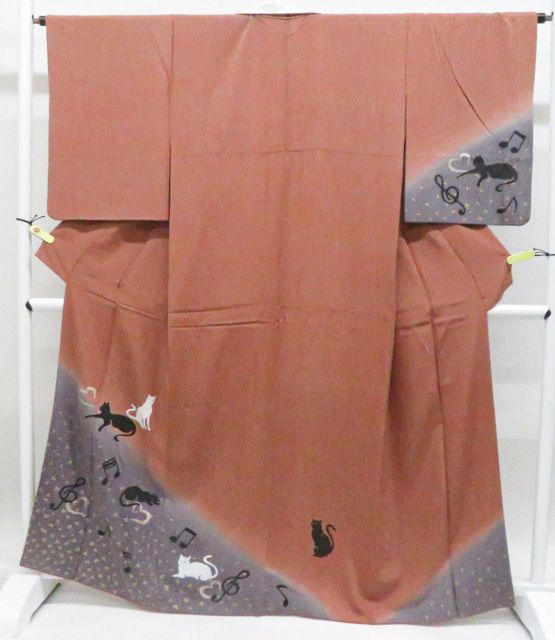 【京松】付下げ オリジナル ネコ 着物 正絹 身丈約163.5cm 裄丈約65cm r8z06-226