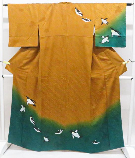 【京松】付下げ オリジナル ペンギン 着物 正絹 身丈約162.5cm 裄丈約64cm r8z06-227