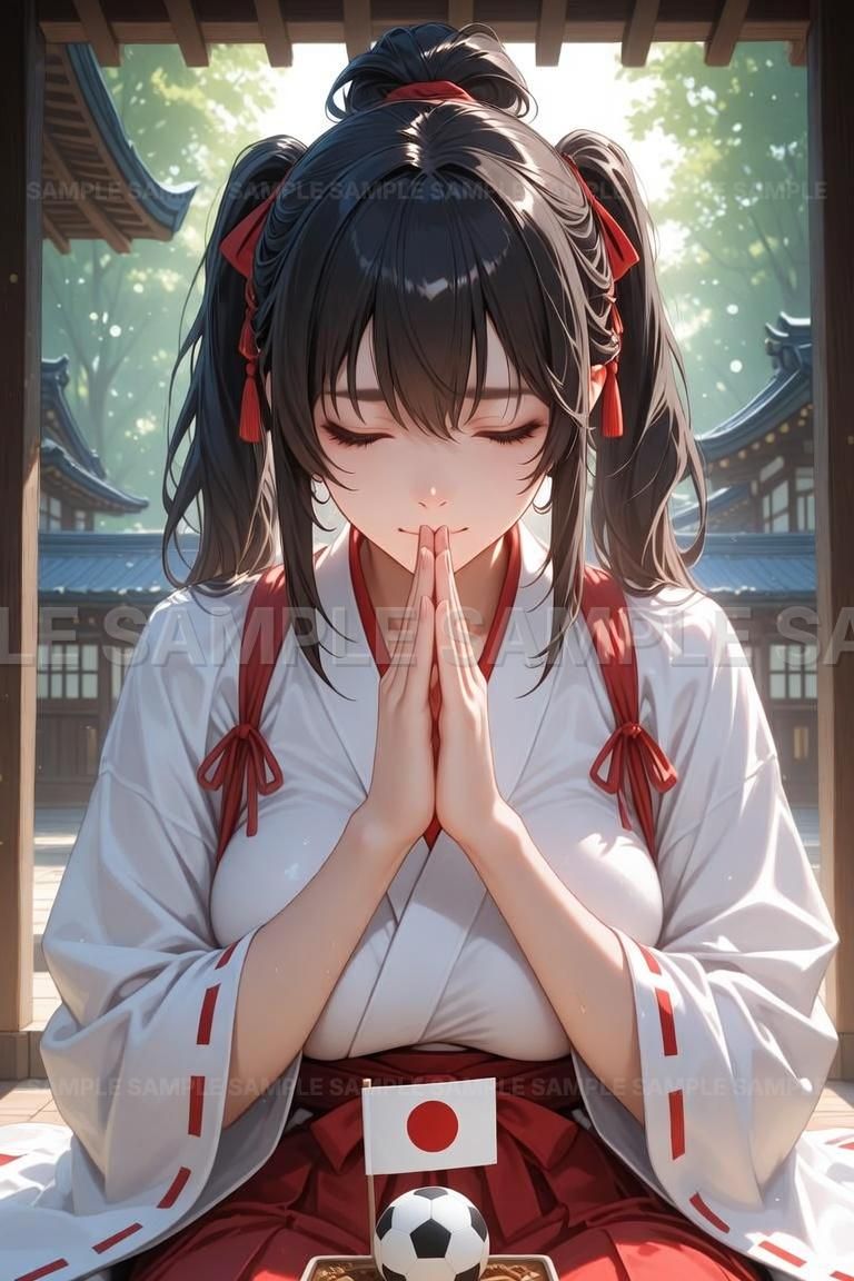 AIアート】【祈願】巫女装束姿の美少女 謹んで願う姿 サッカーボールと