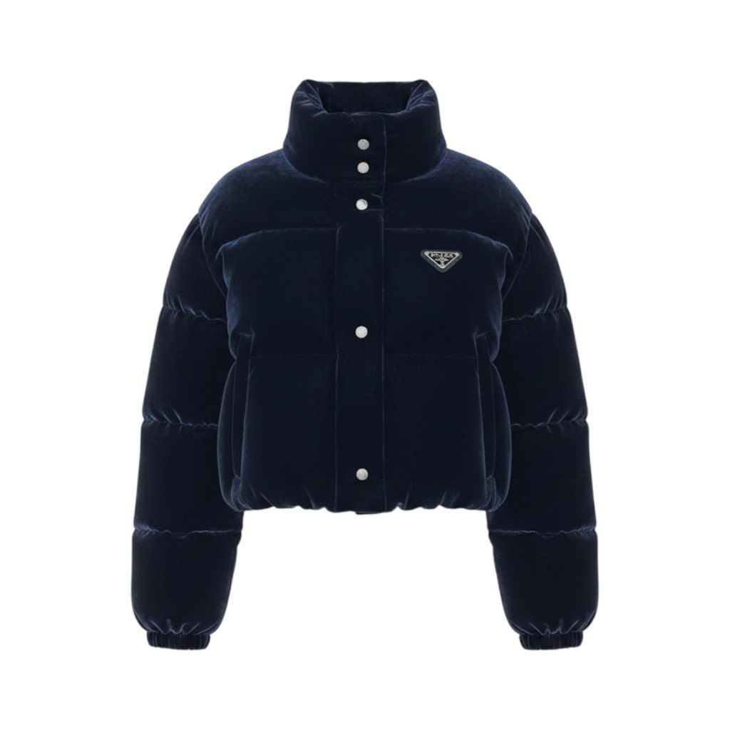 19g1 PRADA プラダ 25AW ベルベット ベロア クロップドダウンジャケット サイズ36 ネイビー系 レディース アウターk02i