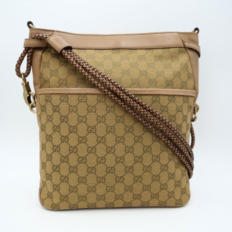 GUCCI（グッチ）GGキャンバス ショルダーバッグ ヴィンテージ GG柄 ベージュ キャンバス レザー 編み込みストラップ レディース 109097 2123【中古】