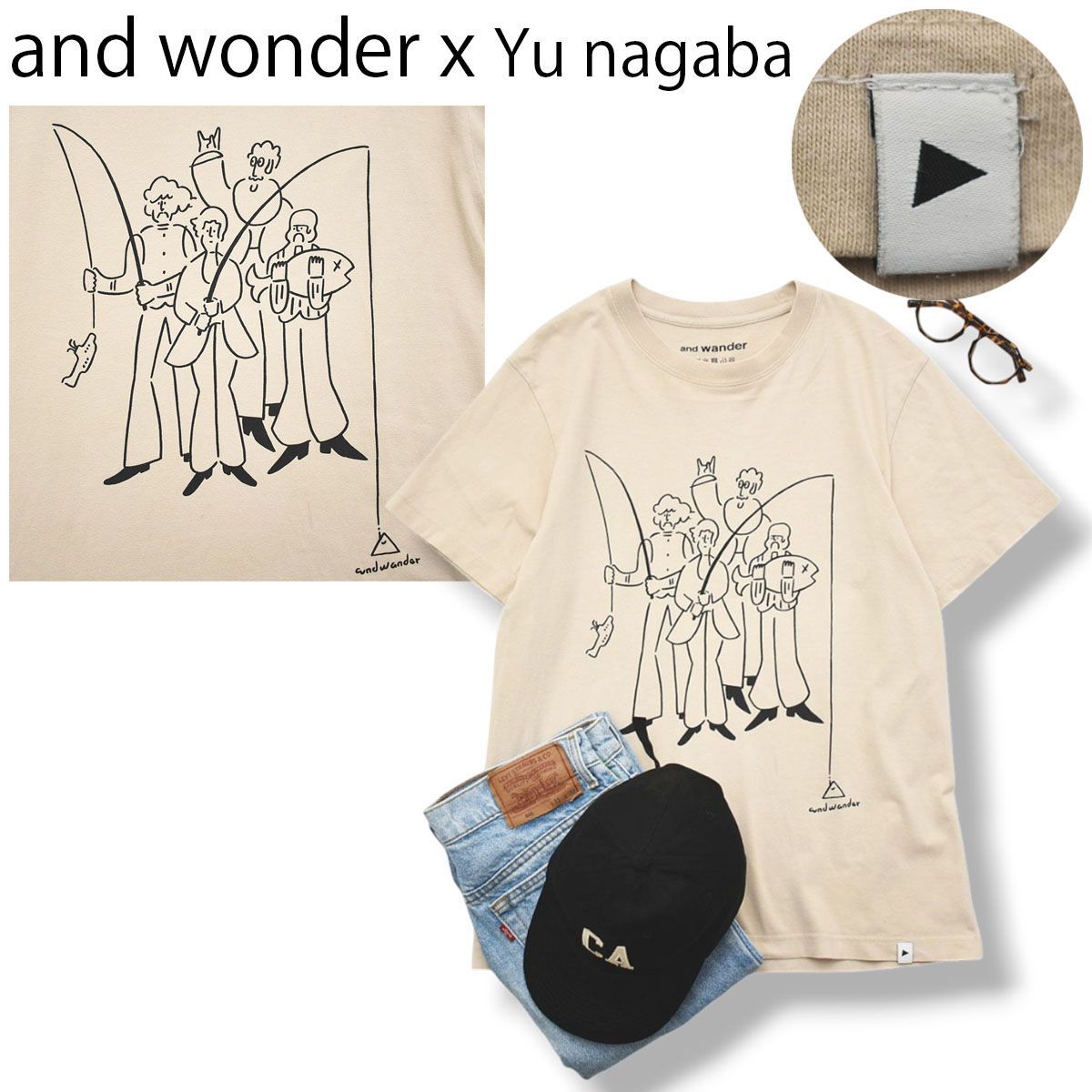 【BEAVER別注】 アンドワンダー and wonder x Yu nagaba 長場雄 fishing クルーネック プリント T グラフィック Tシャツ カットソー 3 ベージュ メンズ