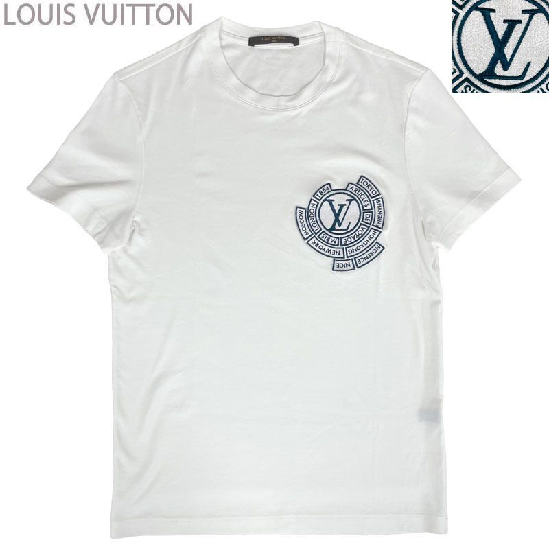 【中古】LOUIS VUITTON ルイ・ヴィトン 世界都市ロゴ ワッペン クルーネック 半袖Tシャツ ビッグLV刺繍 ホワイト XS メンズ イタリア製