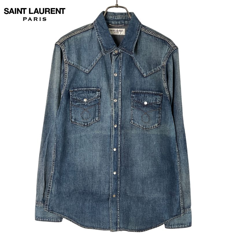 SAINT LAURENT PARIS サンローランパリ デニムウエスタンシャツ エディ期 M ウォッシュブルー 【値下げ交渉歓迎】