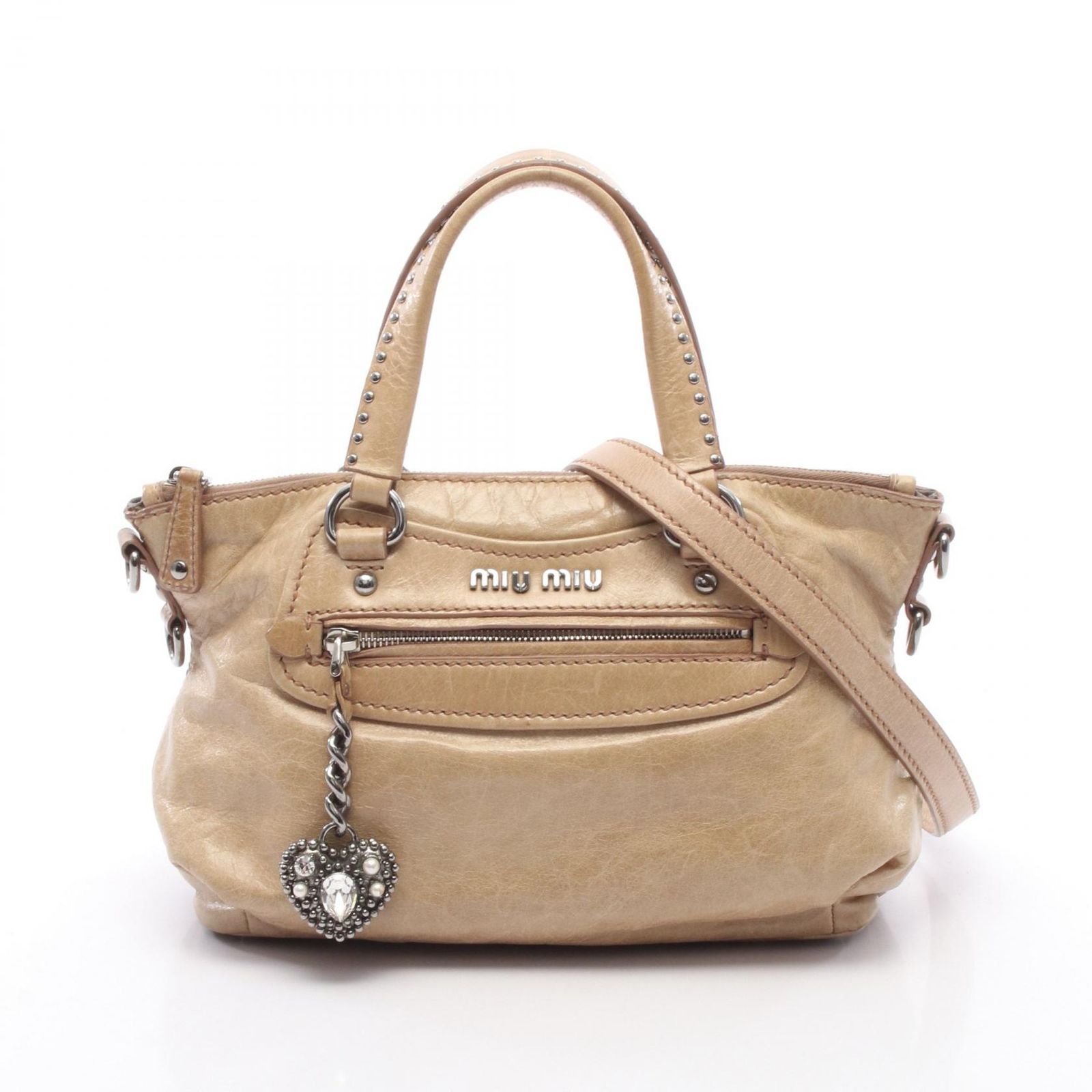 miumiu レザーハンドバッグ ハートチャーム付き ミュウ ミュウ Miu Miu ハンドバッグ ハートチャーム 2WAY ベージュ