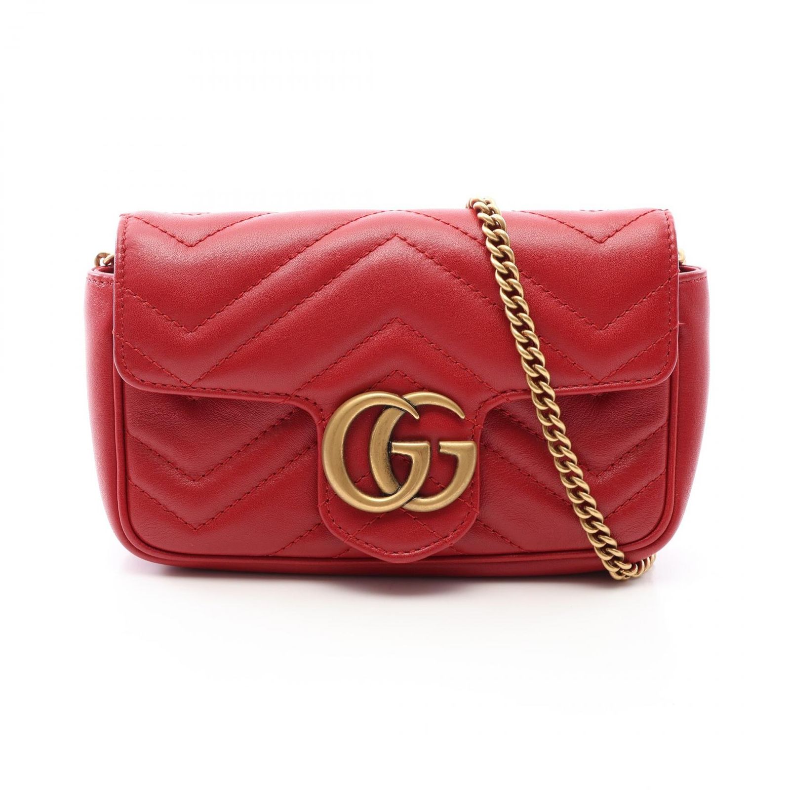 グッチ GUCCI ショルダーバッグ GGマーモント スーパーミニバッグ 476433 レッド レザー GGマーモント ミニ チェーンショルダー レディース Used A