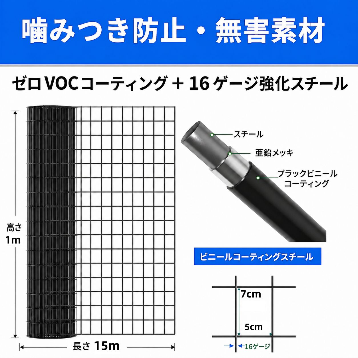 1m×15m コーティング金属網 ブラック PVC金属網 ペットフェンス 農場用