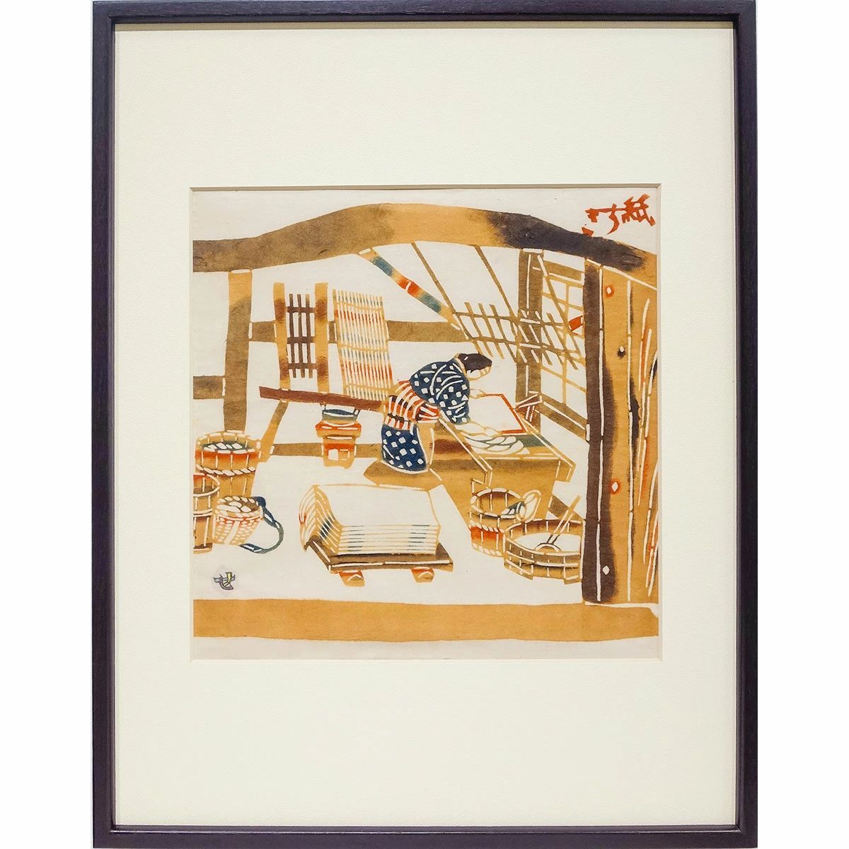 型絵染 芹沢けい介「紙すき」額付き 真作保証 人間国宝 小川和紙 型染 小川紙漉六曲屏風より 民藝 絵画 美術品 ケイ介 圭介　YE636