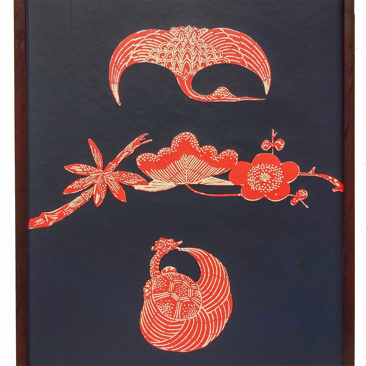 型絵染 芹沢けい介「鶴亀に松竹梅」 和紙に型染 額付き 真作保証 人間国宝 絵画 美術品 民藝 吉祥文様 開運風水 求龍堂 ケイ介 圭介　YE637