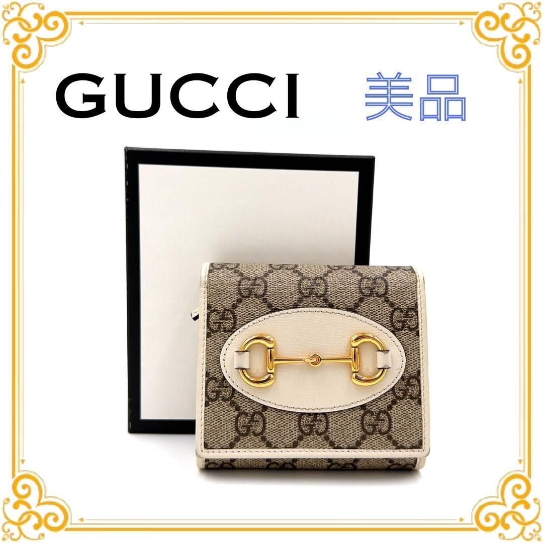 ■極美品■ GUCCI グッチ 621891・534564 GGキャンバス ホースビット 折り財布 レディース ホワイト 二つ折り財布 バイフォールド コンパクトウォレット ゴールド金具 白 シンプル おしゃれ 箱付き ブランド GG Gロゴ ダブルG