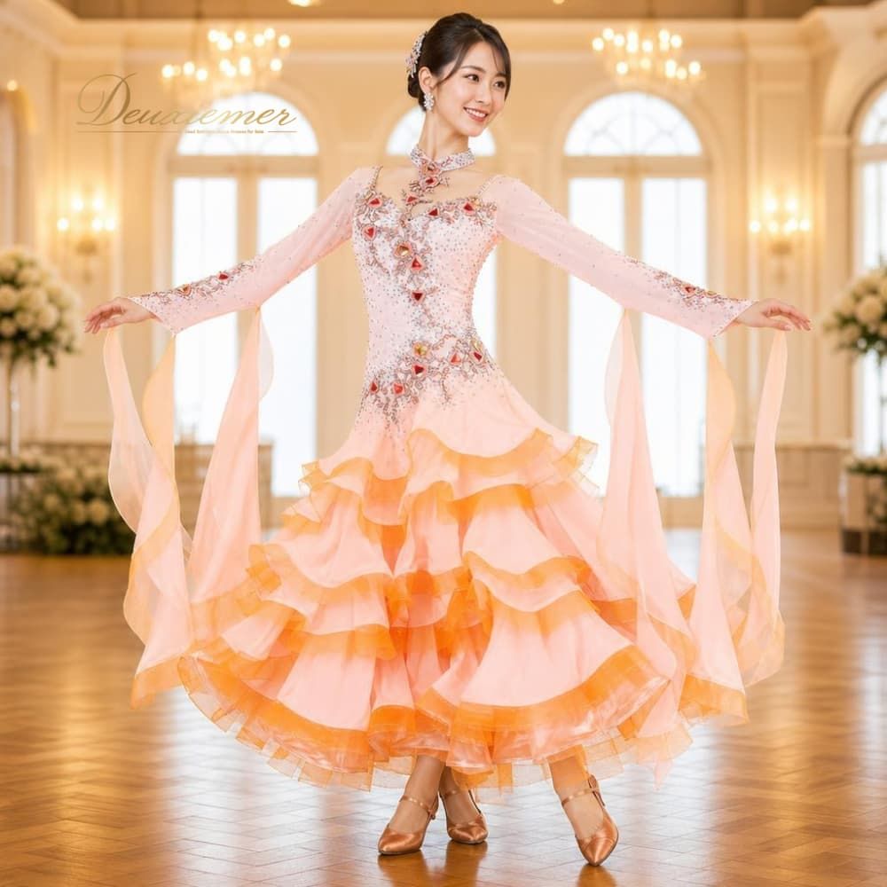 オレンジ フリルロングドレス 社交ダンス 社交ダンス 衣装 ドレス スタンダード ワンピース ピンク系 オレンジ系