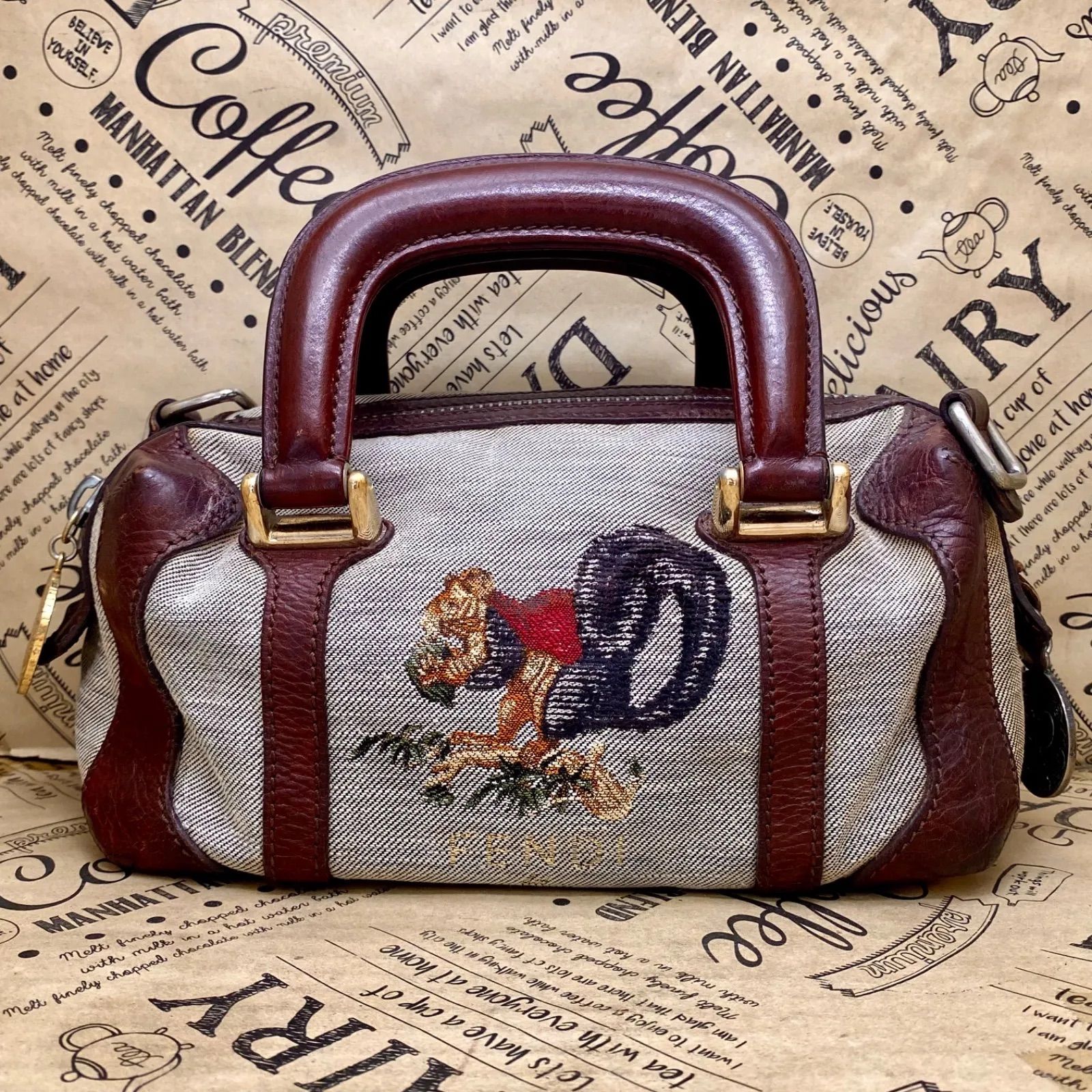 フェンディ 希少 リス刺繍 ミニボストン バッグ キャンバス GF231