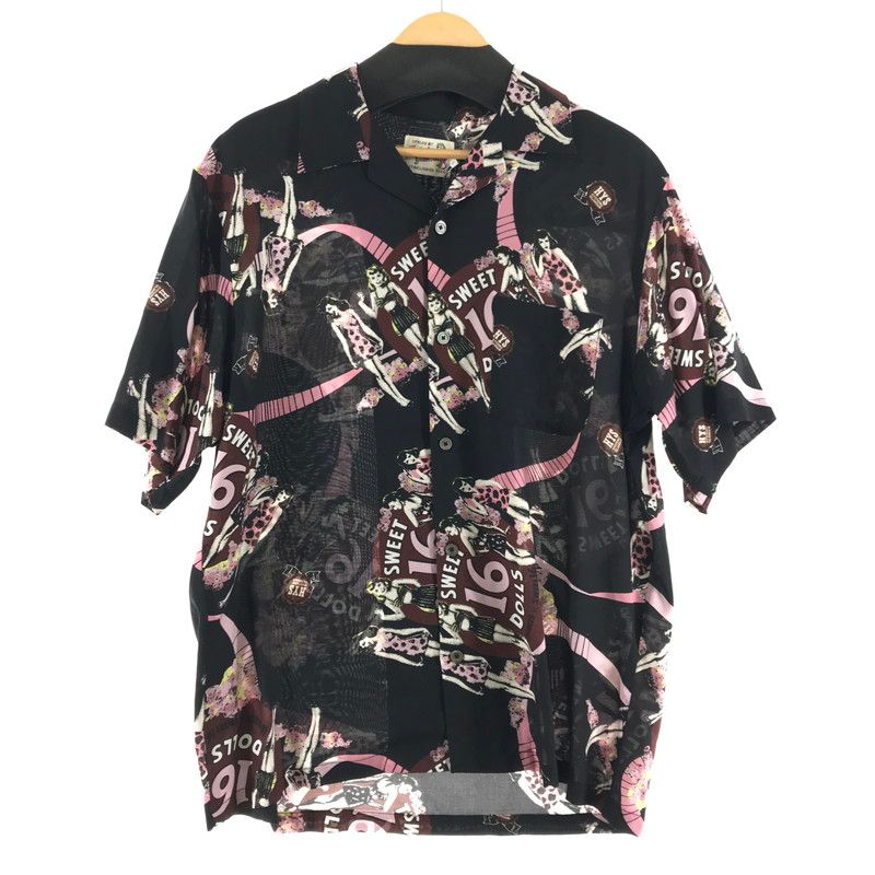 【中古品】 HYSTERIC GLAMOUR ヒステリックグラマー SWEET16DOLLS柄 オープンカラーシャツ BLACK SIZE:L 【140-260701-io-12-fuzh】