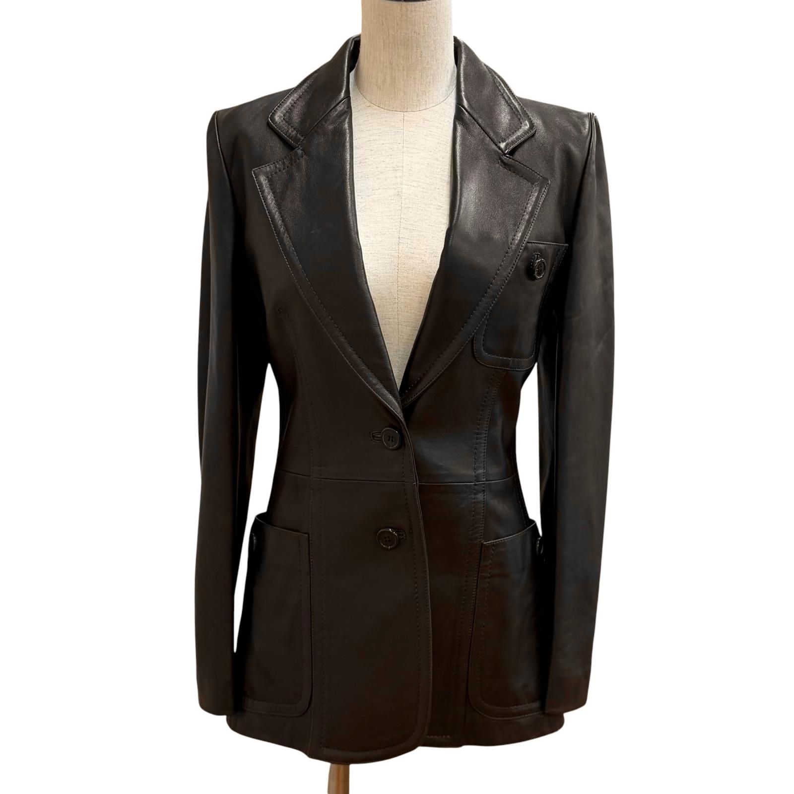 極美品★GIANFRANCO FERRE ジャンフランコ・フェレ ロゴボタン付 ラムスキン シングル レザージャケット ダークブラウン 40 伊製 正規品