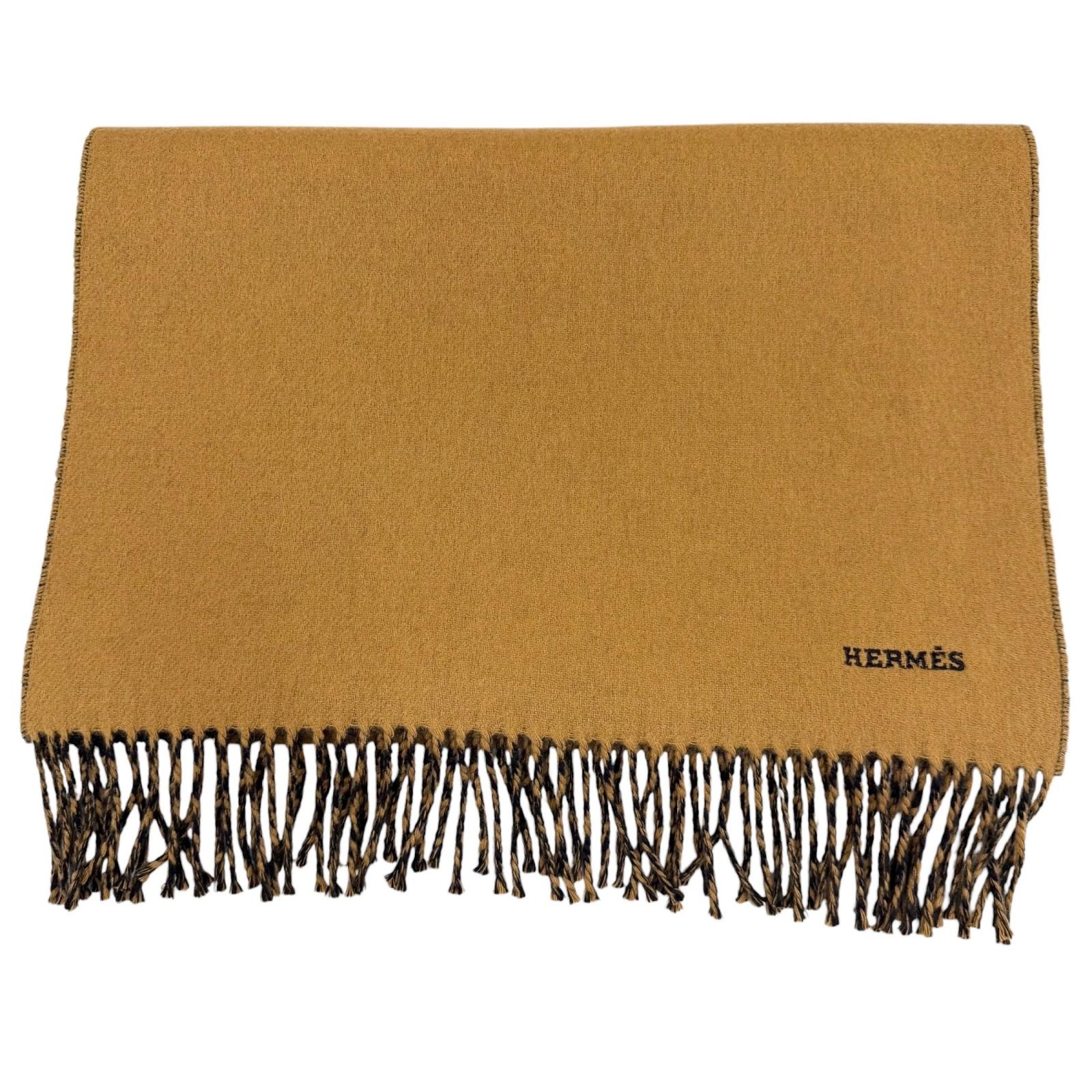 極美品▼HERMES エルメス レクトヴェルソ カシミヤ100% ロゴ刺繍 バイカラー リバーシブル フリンジ マフラー ブラウン ネイビー メンズ 43,200円