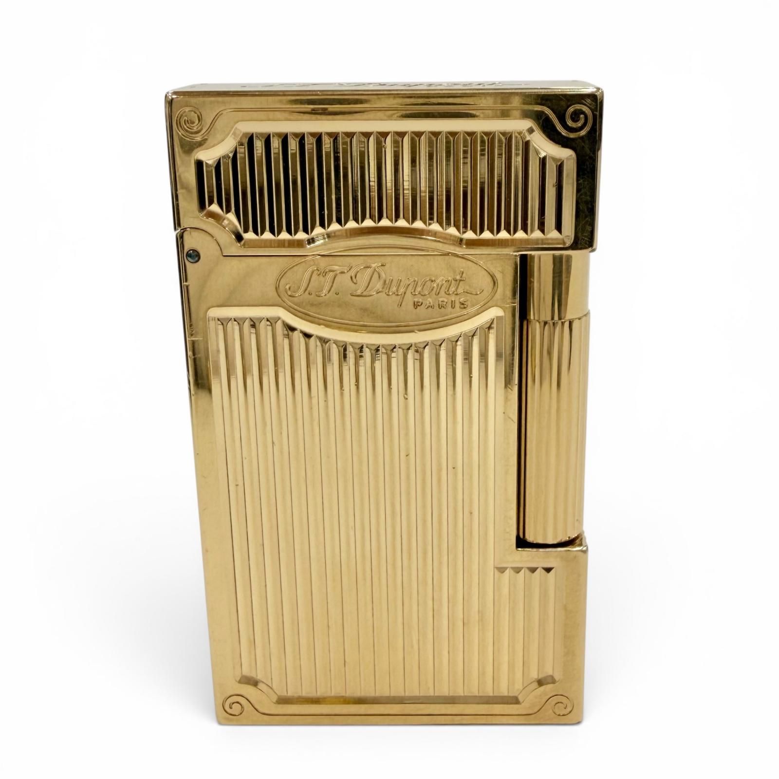 良品◇Dupont デュポン ライン２ アラベスク ロゴ刻印 ローラー式 ガスライター ゴールド フランス製 メンズ 着火確認済み ケース付き