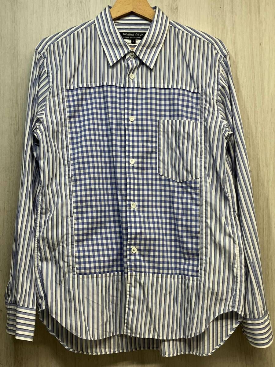 COMME des GARCONS HOMME DEUX 20SS DE-B027 コムデギャルソン オム ドゥ 切替デザイン 長袖 シャツ ストライプ チェック ブルー メンズ S