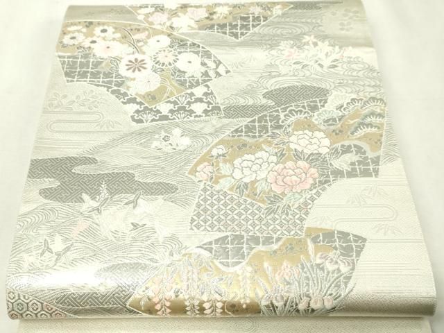 平和屋本店▼六通柄袋帯　扇面取流水華　プラチナ本金箔　正絹　逸品　DABI1079sf