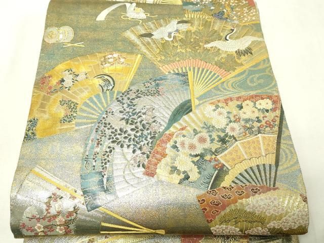 平和屋本店▼西陣　あさぎ　両面　全通全景柄袋帯　徳川美術館秘蔵　能楽百扇　24金プラチナ二重箔　正絹　逸品　DABI1098sf