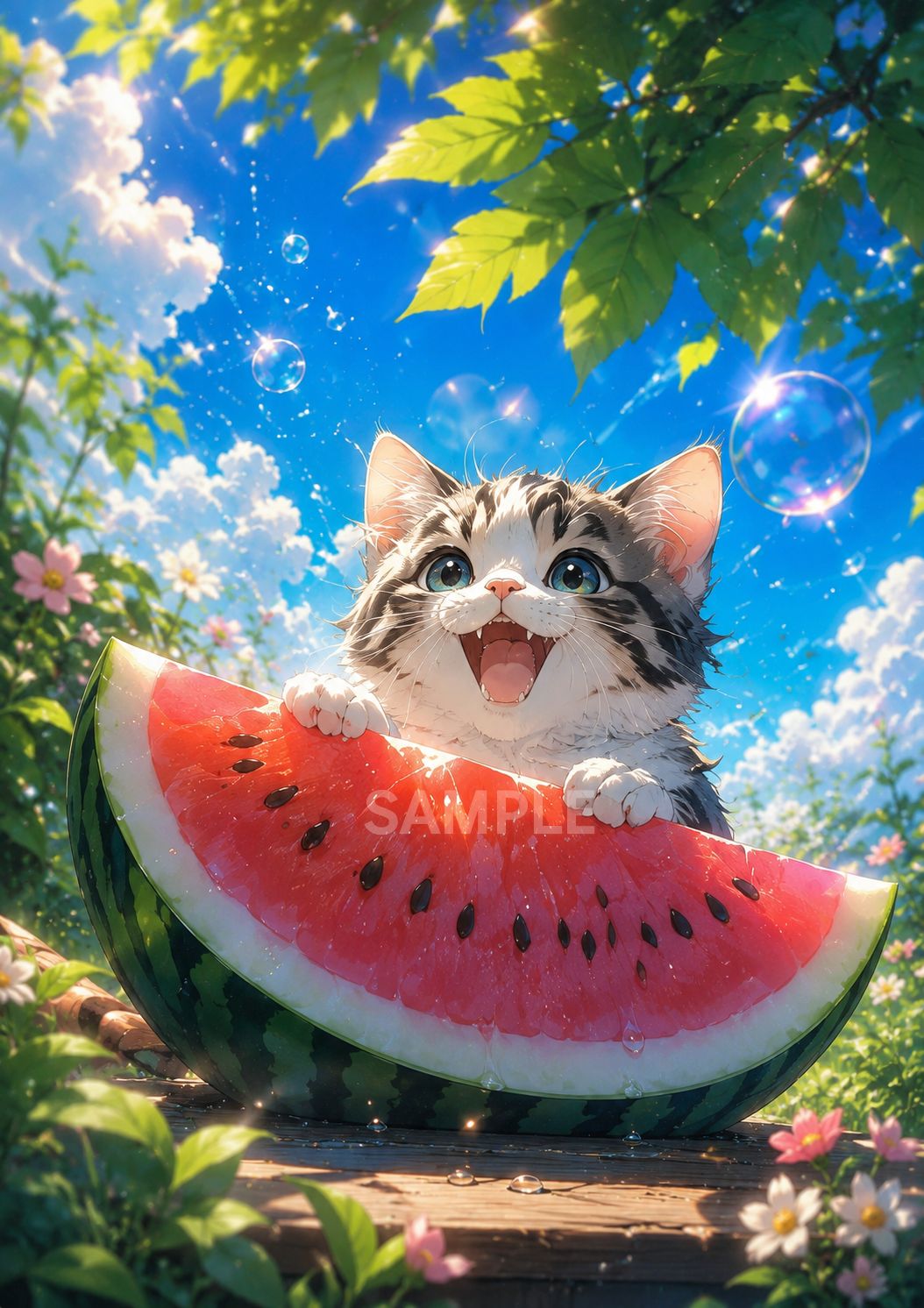 500 夏空とスイカ猫✨ 癒しの高画質AIアート 2Lサイズ デジタルアート