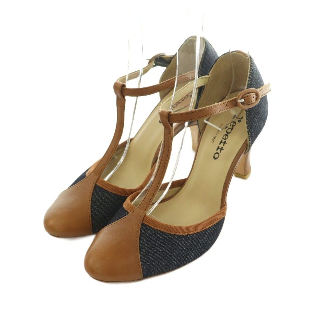 レペット Repetto Tストラップパンプス デニム レザー 36 22.7cm 茶 ブラウン 紺 ネイビー V460 /MI ■OS