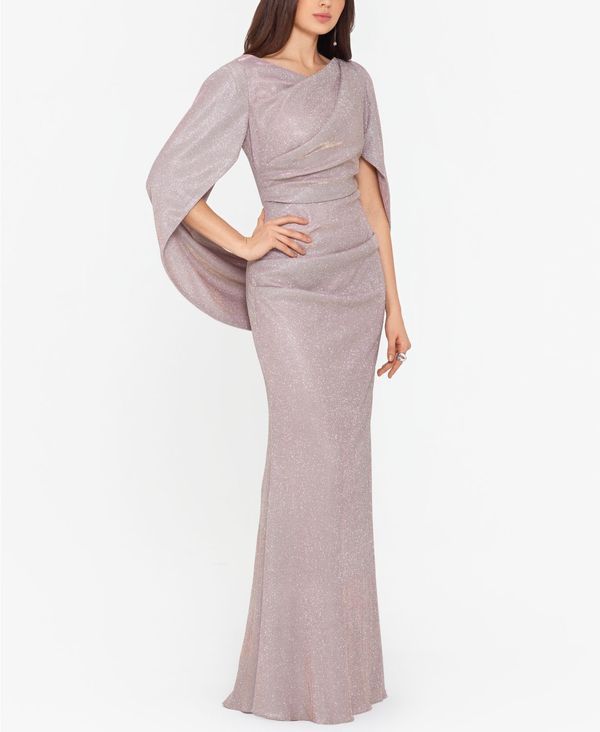 ベッツィアンドアダム レディース トップス ワンピース ケープデザイン ドレープ キャップ ケープ Betsy Adam Glitter DrapeBack Cape Gown BlushGold ブ
