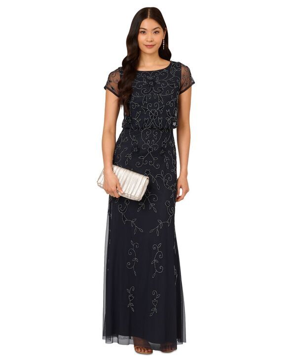 アドリアナ パペル レディース トップス ワンピース Adrianna Papell Womens BoatNeck Beaded Blouson Gown 0P20 Midnight