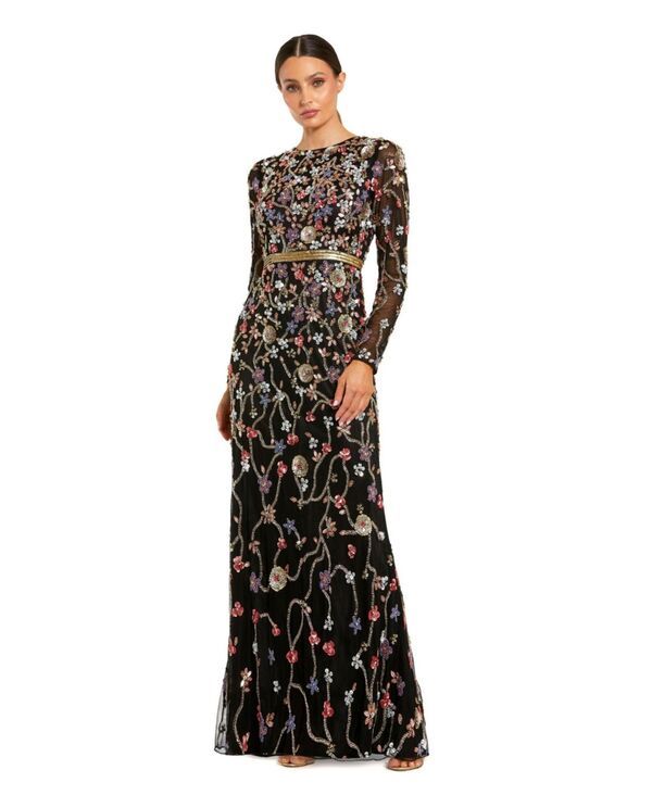 マックダガル レディース トップス ワンピース メッシュ Mac Duggal Womens Long Sleeve Embellished Mesh Gown Black multi ブラック
