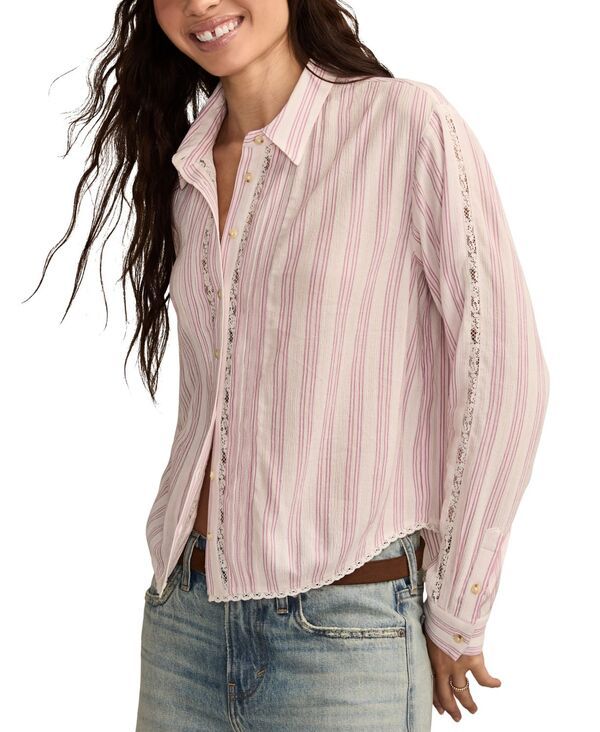 ラッキーブランド レディース トップス シャツ コットン ダウン レース Lucky Brand Womens LaceTrim ButtonDown Cotton Shirt Purple Stri