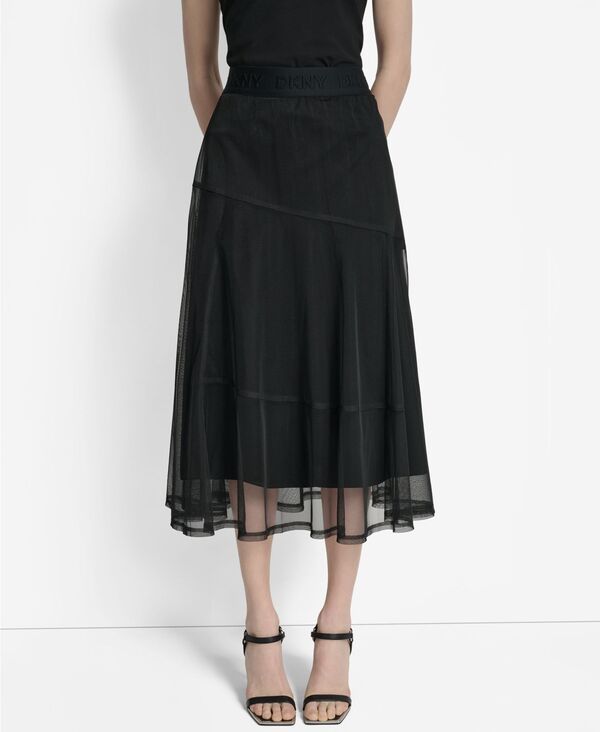 ダナ キャラン ニューヨーク レディース ボトムス スカート メッシュ ミディ ロゴ DKNY Womens Layered Mesh LogoTape Midi Skirt Black ブラック
