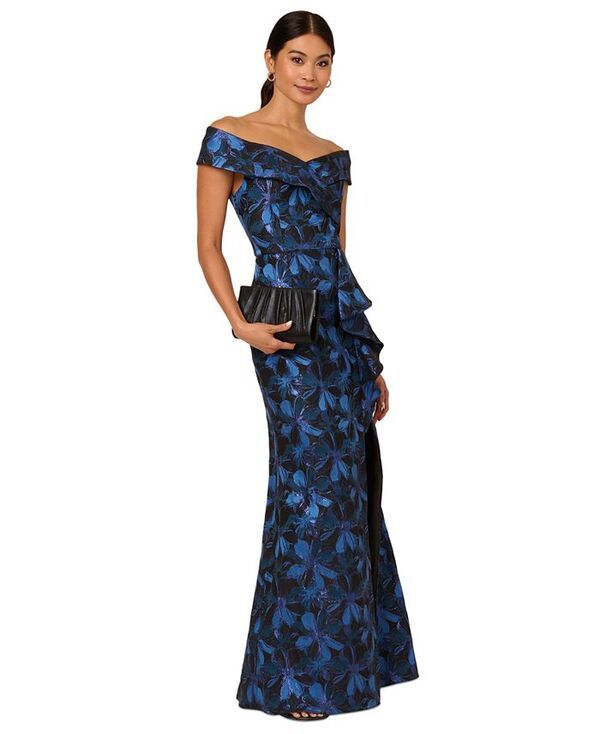 アドリアナ パペル レディース トップス ワンピース Adrianna Papell Womens Jacquard OffTheShoulder Gown Blue Multi ブルー