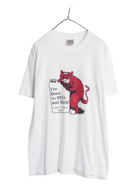 90s USA製 ジョーク イラスト メッセージ プリント 半袖 Tシャツ メンズ L / オールド レッド デビル キャラクター シングルステッチ 白 7,560円