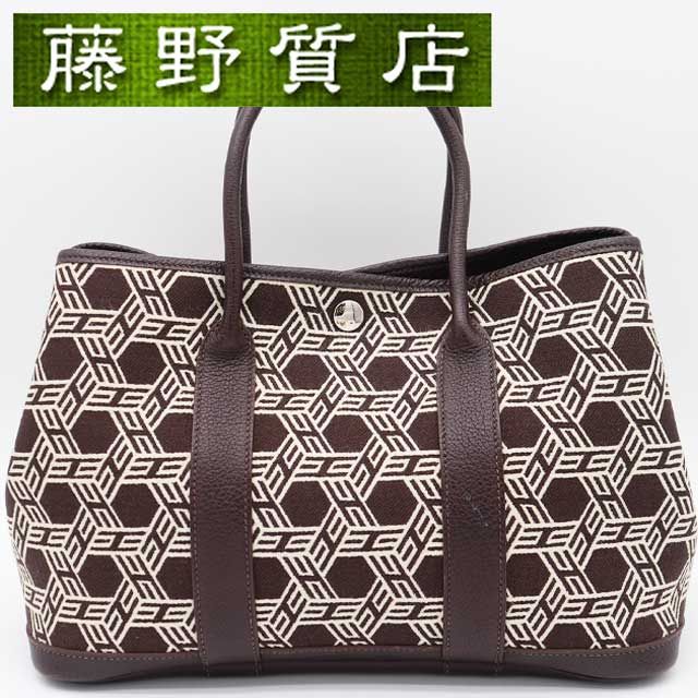 エルメス HERMES ガーデンパーティTPM 30 キャンバス レザー ダークブラウン ベージュ シルバー金具 □K刻印 2007年 トートバッグ ハンドバッグ ブランド ガーデンパーティtpm エルメス トワルソーアッシュ 8434