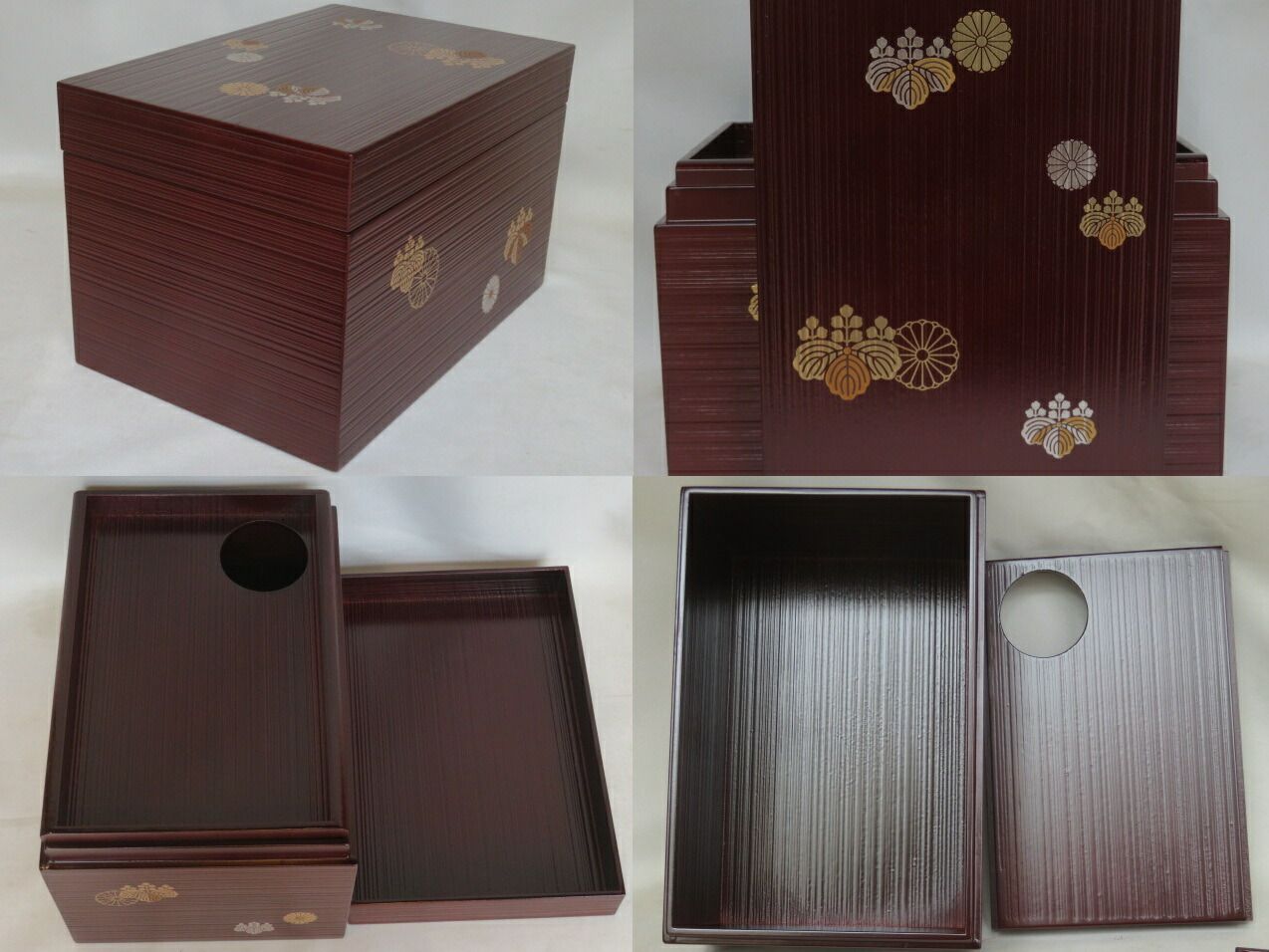 睦月）〔在庫処分品〕利休茶箱 高台寺蒔絵 木製千筋うるみ塗 三点