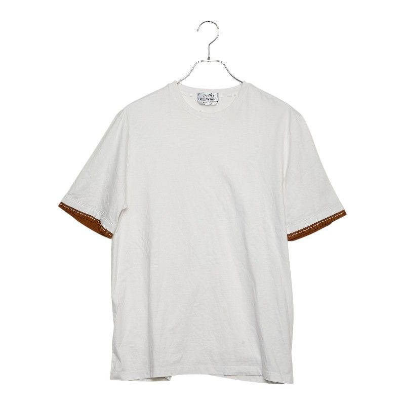 エルメス 袖ライン カットソー 半袖Ｔシャツ サイズM ホワイト ブラウン コットン メンズ HERMES【244-77405】