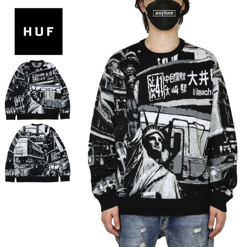 HUF ニット ハフ セーター メンズ レディース ブランド 大きいサイズ おしゃれ おすすめ 人気 黒 総柄 ジャガード織 ストリート系 スケボー スケーター huf25aw004 ブラック M L XL