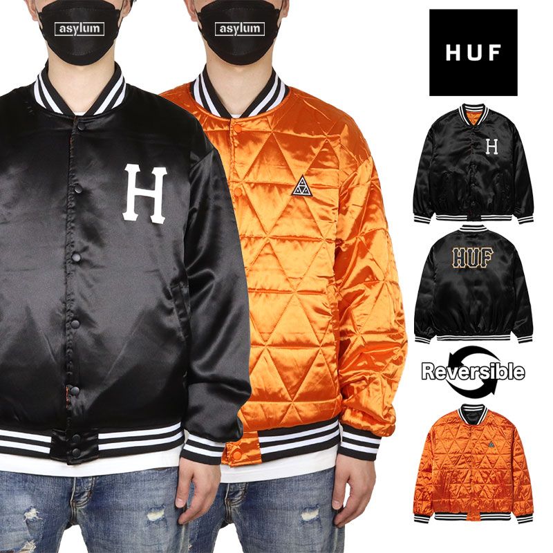 HUF ジャケット ハフ リバーシブルジャケット アウター スタジャン スタジアムジャケット メンズ レディース ブランド 大きいサイズ おしゃれ おすすめ 人気 黒 huf24ho005 ブラック×オレンジ M L XL