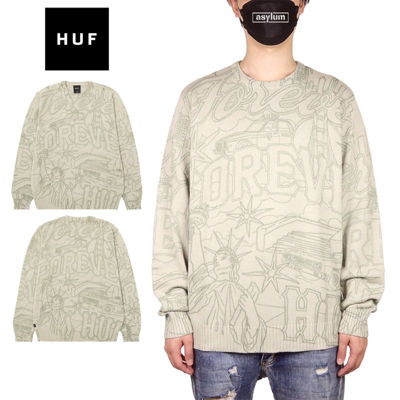 HUF ニット ハフ セーター メンズ レディース ブランド 大きいサイズ おしゃれ おすすめ 人気 綿100％ スケボー スケーター ストリート コットンニット huf24ho002 ベージュ M L XL