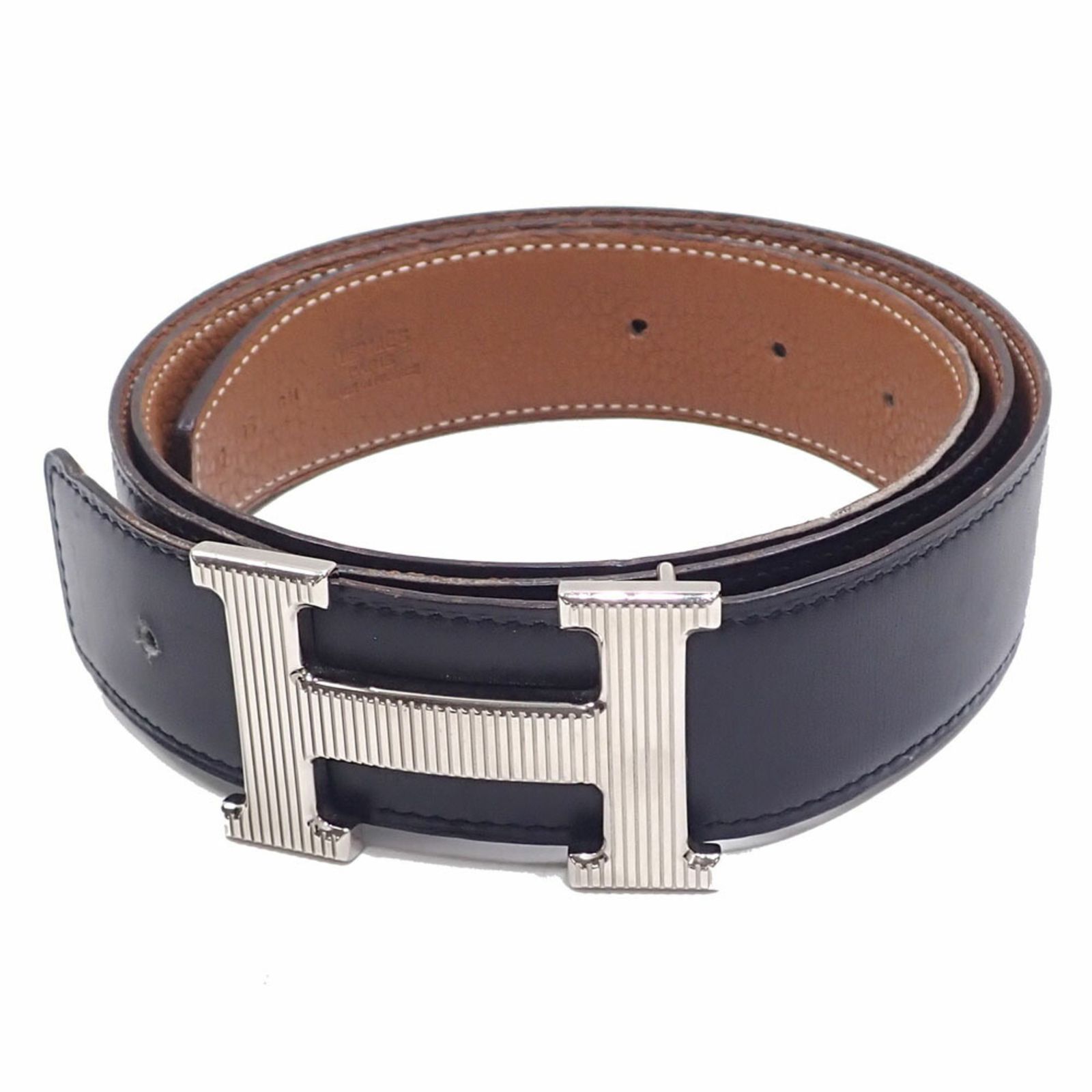 エルメス(Hermes) エルメス ベルト H ストリエ 95 メンズ ブラック ブラウン 黒 茶色 95cm ボックスカーフ トリヨンクレマンス リバーシブル □L刻印 2008年頃製