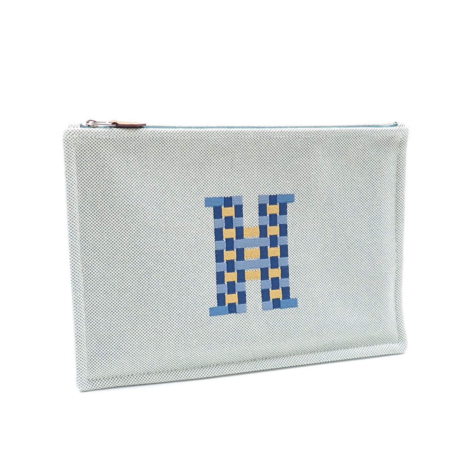 HERMES エルメス　フラットポーチ 刺繍入り トワルHトリコロール エルメス(Hermes) エルメス Hティサージュ ポーチ レディース ブルー