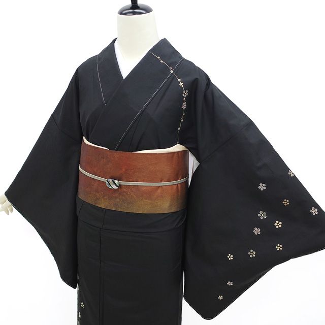 新古品】 作家物 平紬 訪問着 正絹 袷 手刺繍 黒地 枝垂れ梅 落款あり