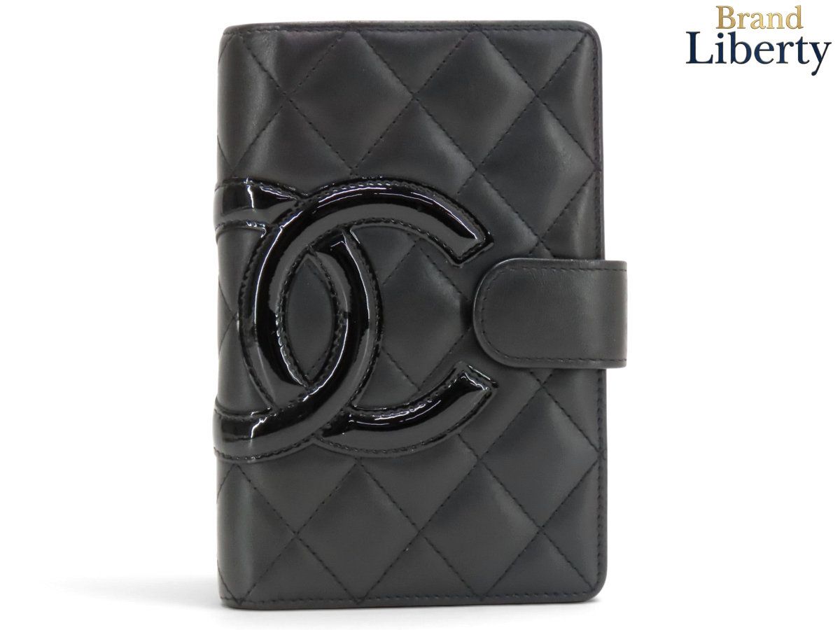 【外美品】シャネル CHANEL カンボンライン ココマーク 二つ折り財布 ブラック ブラック エナメル ピンク カーフスキン A50080