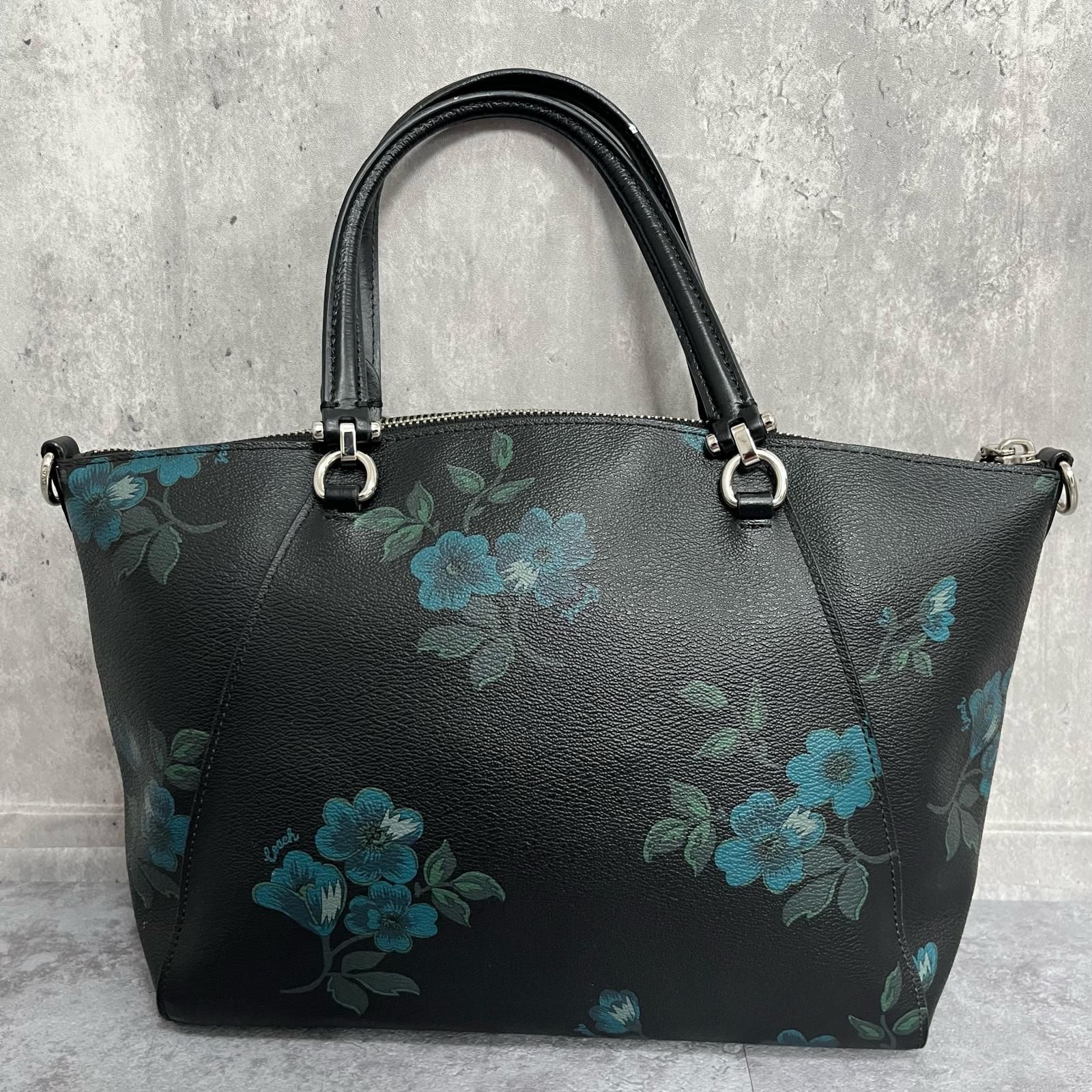 COACH】フラワープリント ハンドバッグ 花柄 レザー ブラック ブルー