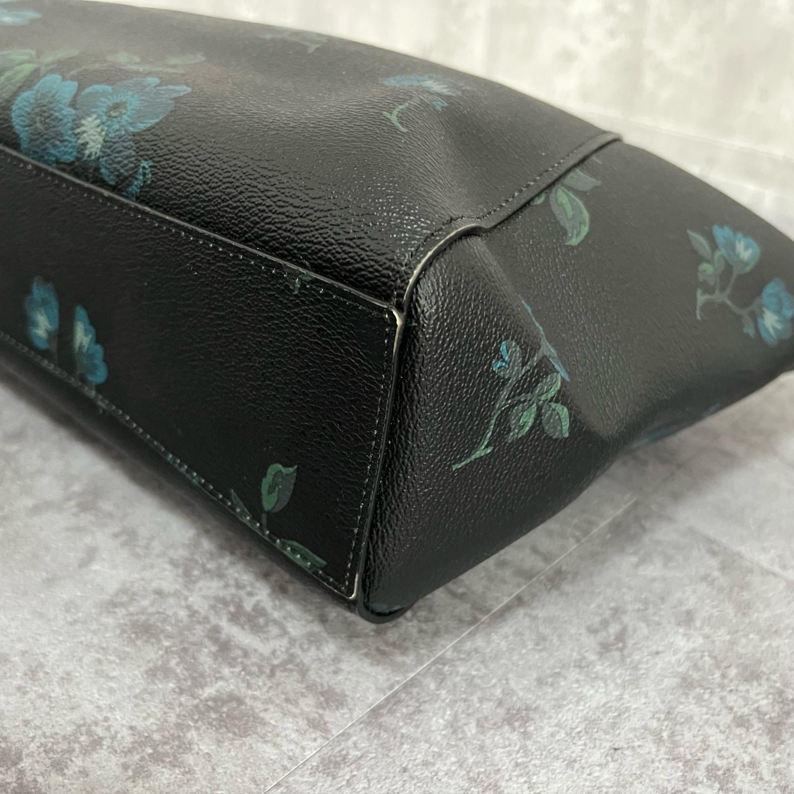 COACH】フラワープリント ハンドバッグ 花柄 レザー ブラック ブルー