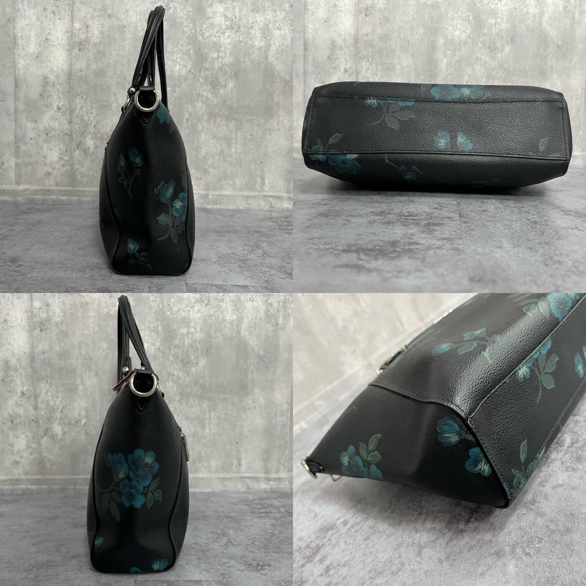 COACH】フラワープリント ハンドバッグ 花柄 レザー ブラック ブルー