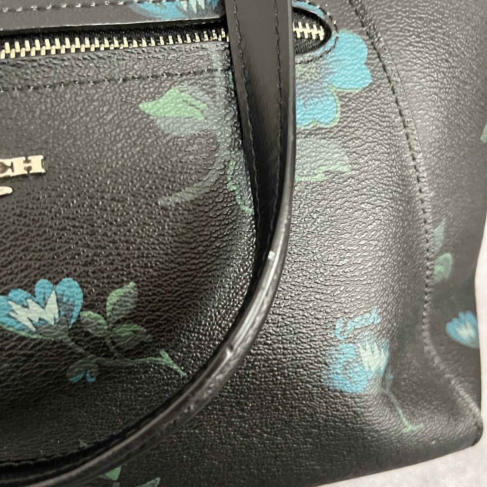 COACH】フラワープリント ハンドバッグ 花柄 レザー ブラック ブルー